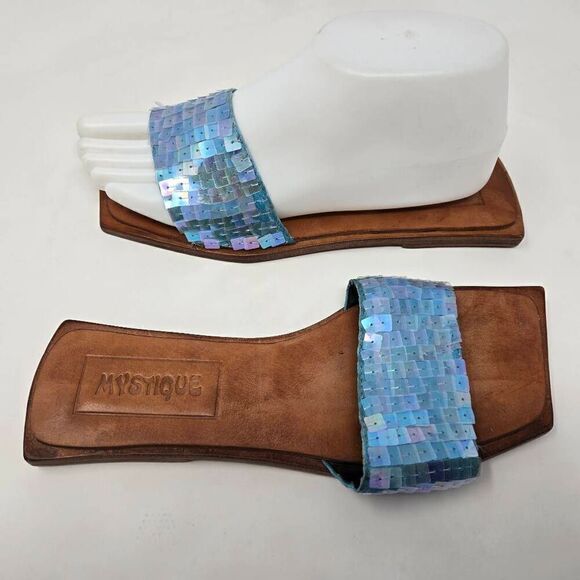 MYSTIQUE BLUE SEQUIN SHINY TOOLED BROWN LEATHER SLIDE SANDALS WOMENS SIZE 6 - Picture 1 of 6